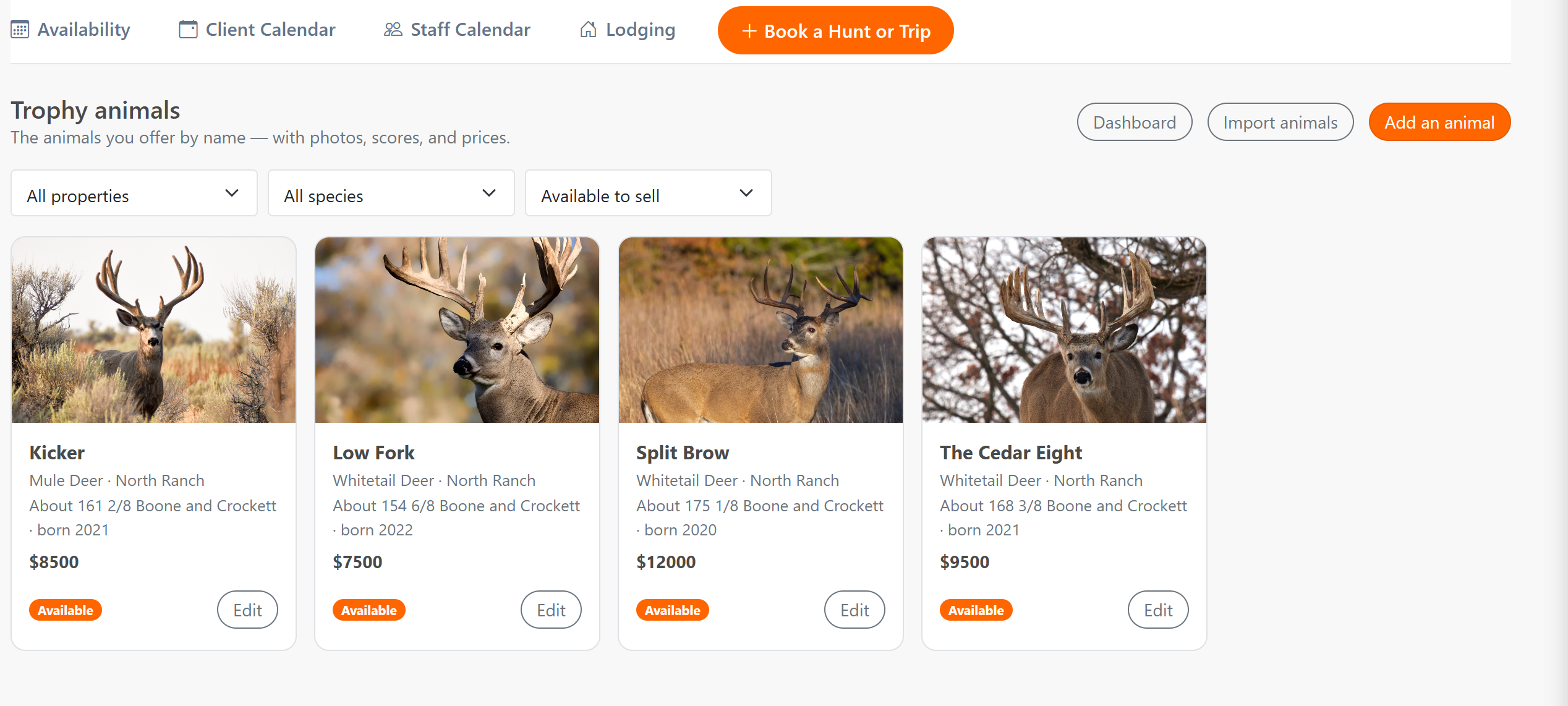 Hit list of named trophy animals with trail camera photos, estimated scores, prices, and whether each is available or reserved